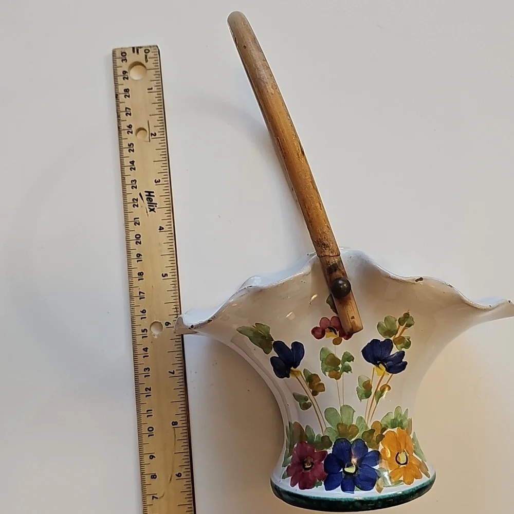 Vintage Hand Painted Italy Made Ceramic Basket with Wicker Bamboo Handle Rustic
